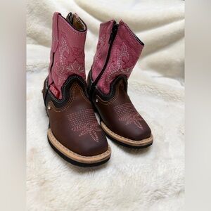 Pink and Brown Leather Western Boots with Floral Stitching